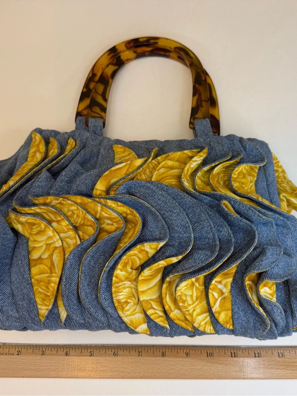 Eclectic Yellow Floral-Trim Denim Tote with Tortoise Handles